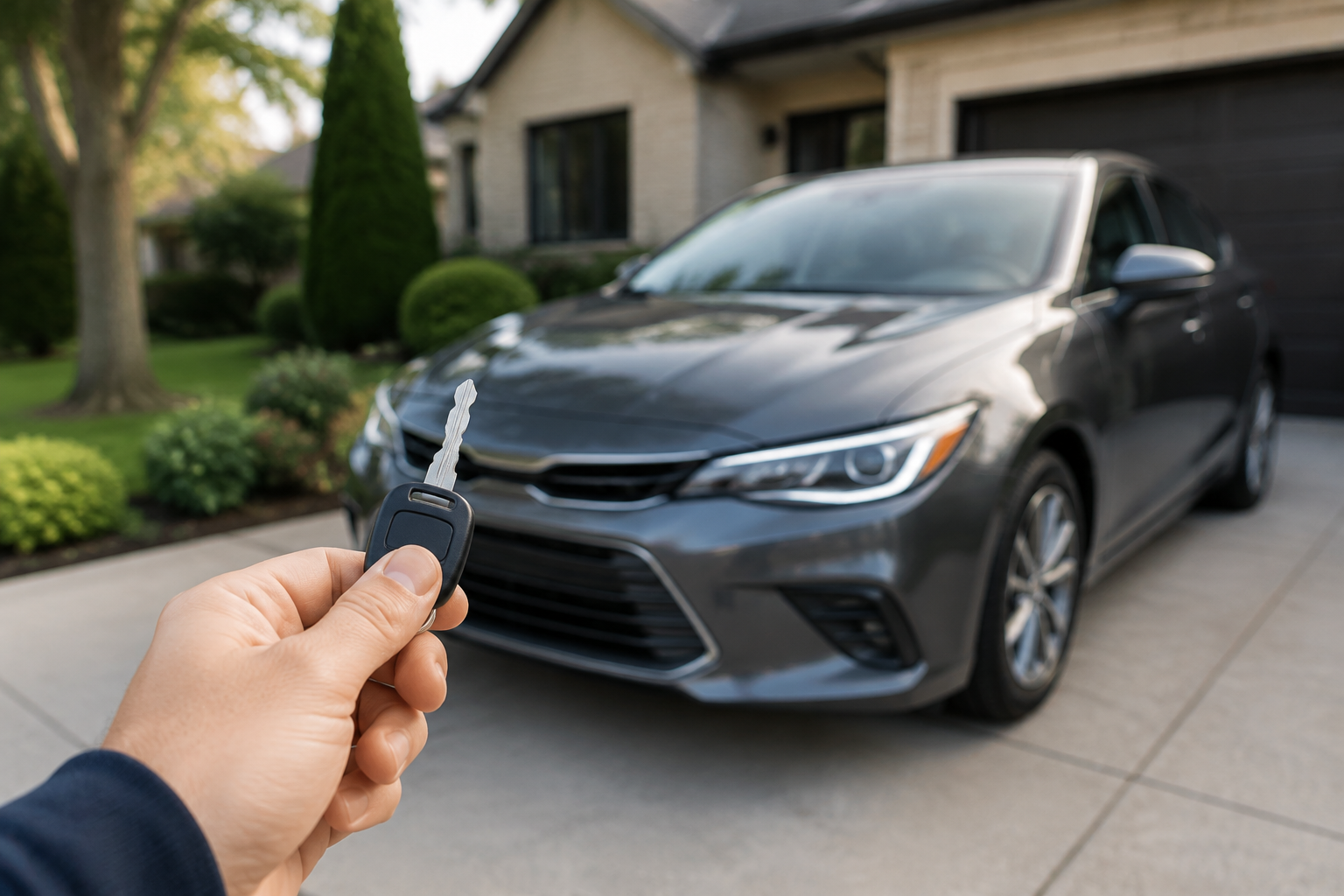 Car key held in front of a vehicle parked in a residential driveway