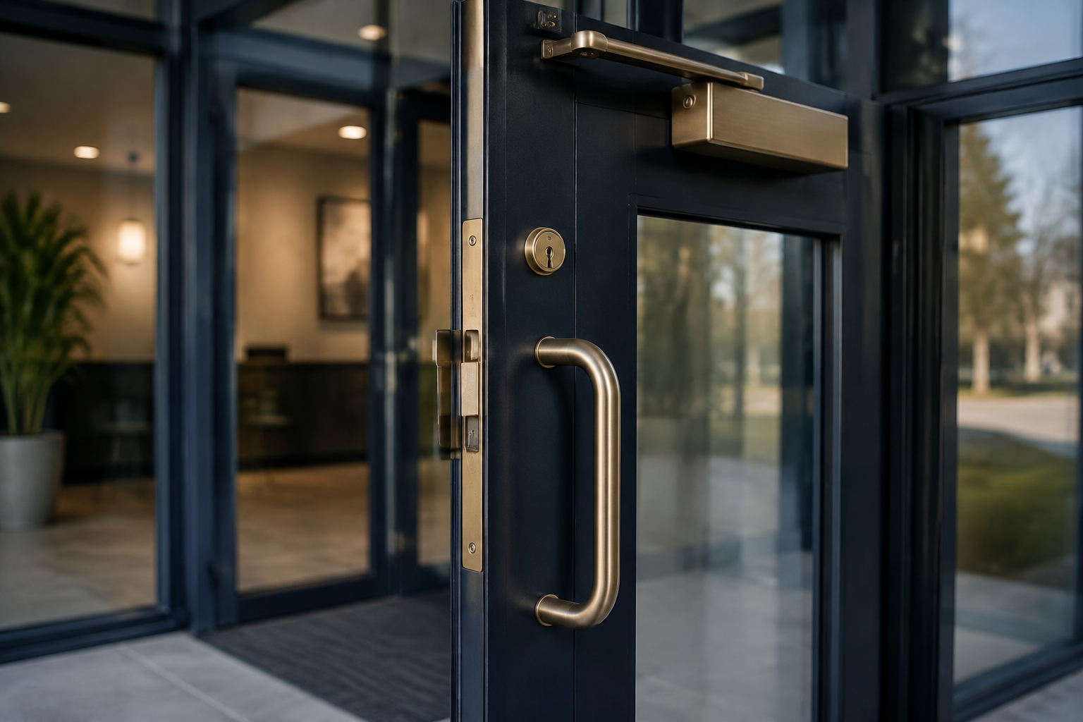 Commercial glass entry with lock, pull handle, and door closer