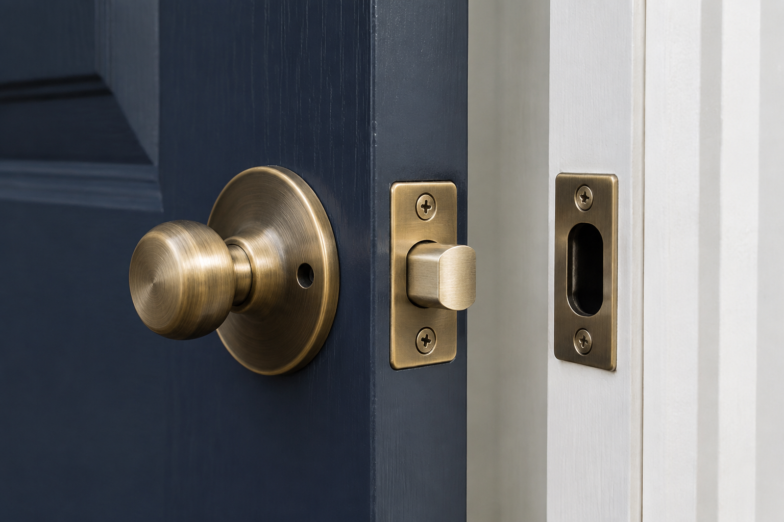 Door latch aligned with a clean strike plate on the frame