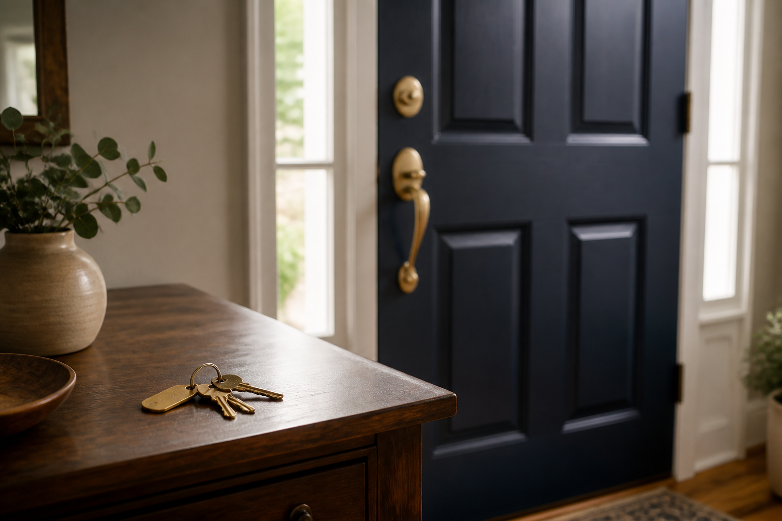 Set of house keys resting near a secure residential entry door