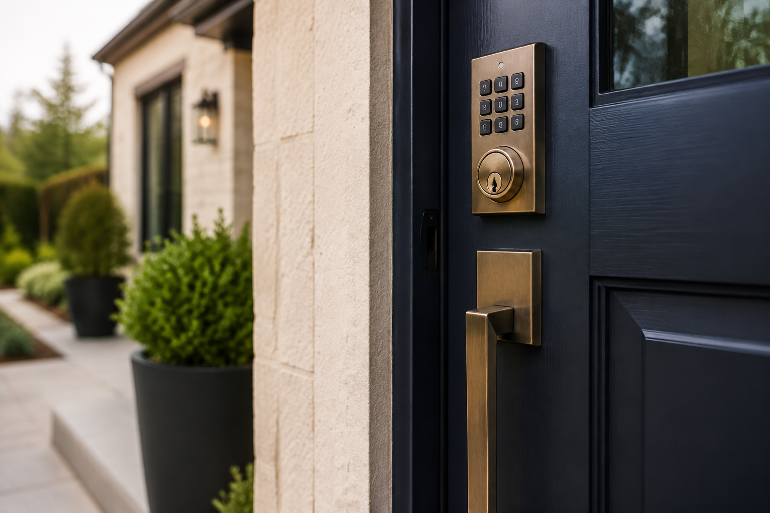 Residential entry fitted with keypad deadbolt and handleset