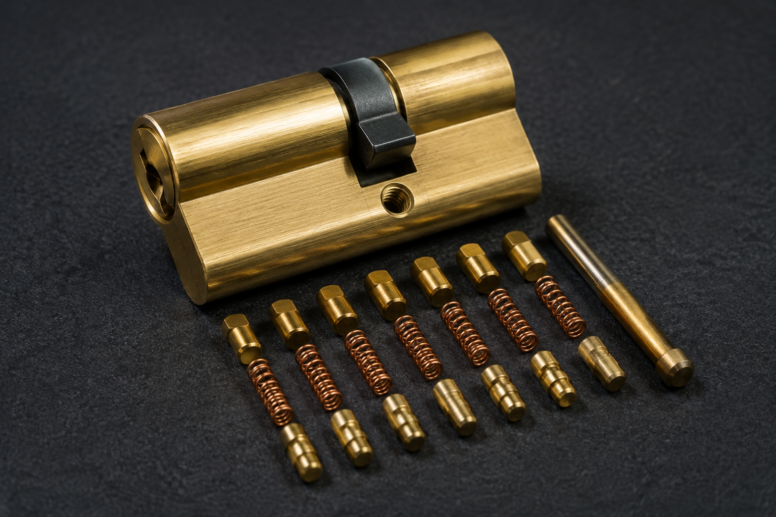 Brass lock cylinder with pins and springs arranged on a work surface