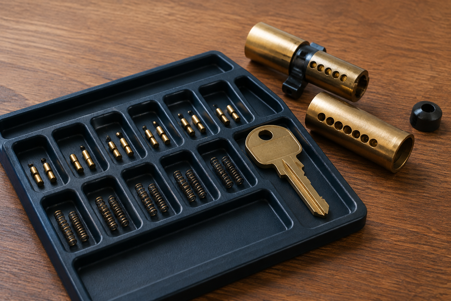 Lock cylinders, key, pins, and springs arranged for rekeying