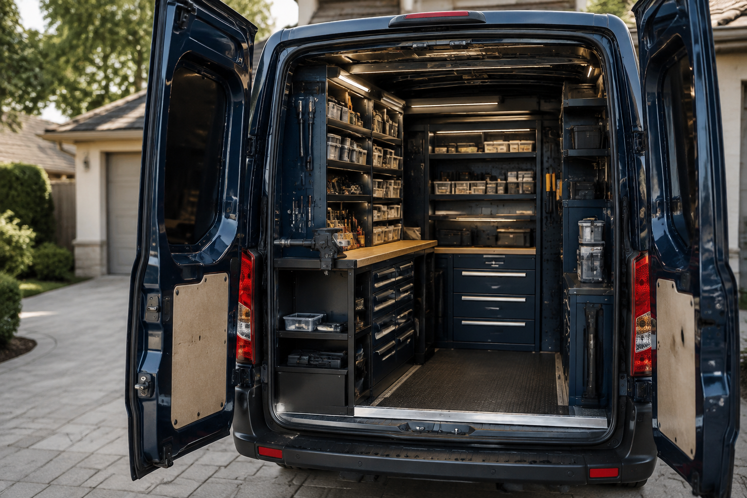 Organized mobile locksmith workshop inside a service van