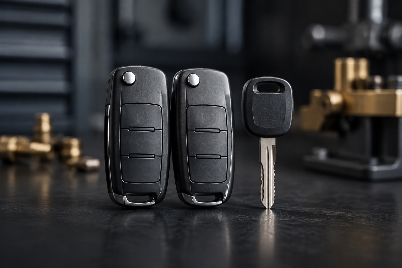 Two replacement vehicle key fobs and a metal car key