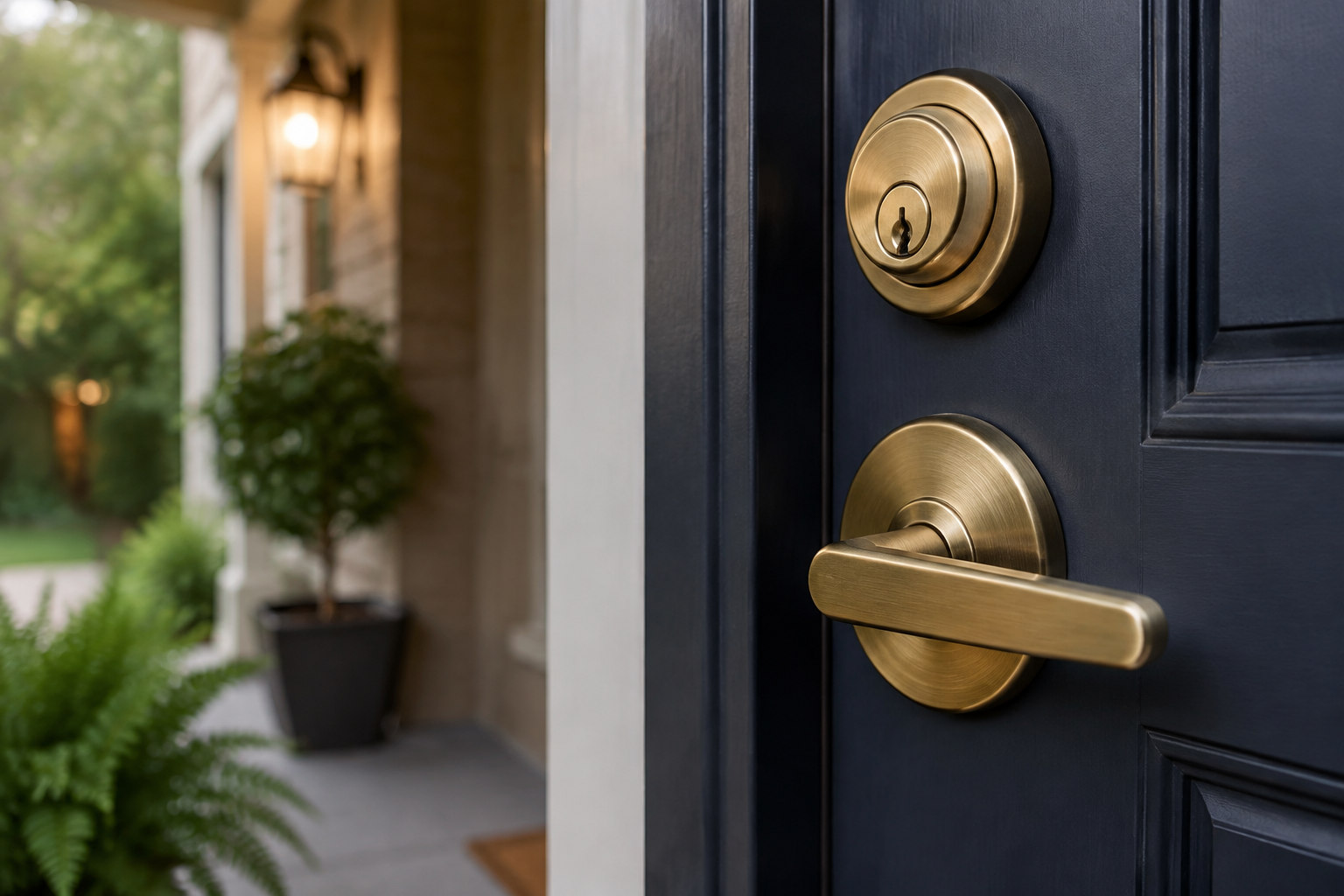 Navy residential entry door with brass deadbolt and lever hardware